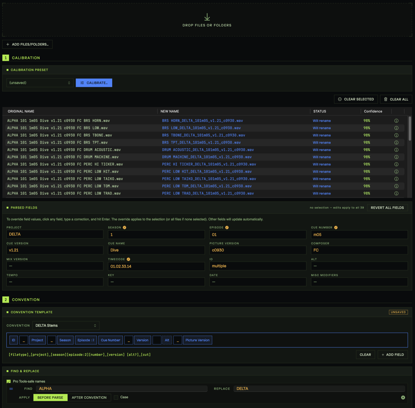 Cue Names: original filenames parsed and previewed as new names with per-file confidence scores, driven by a drag-and-drop convention template