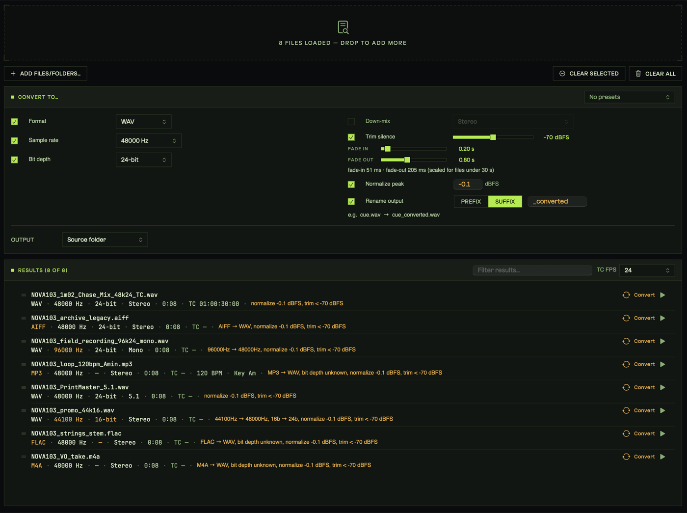 Inspect / Convert: a loaded batch showing per-file format, sample rate, bit depth, and timecode, with conversion, trim-silence, normalize, and rename options