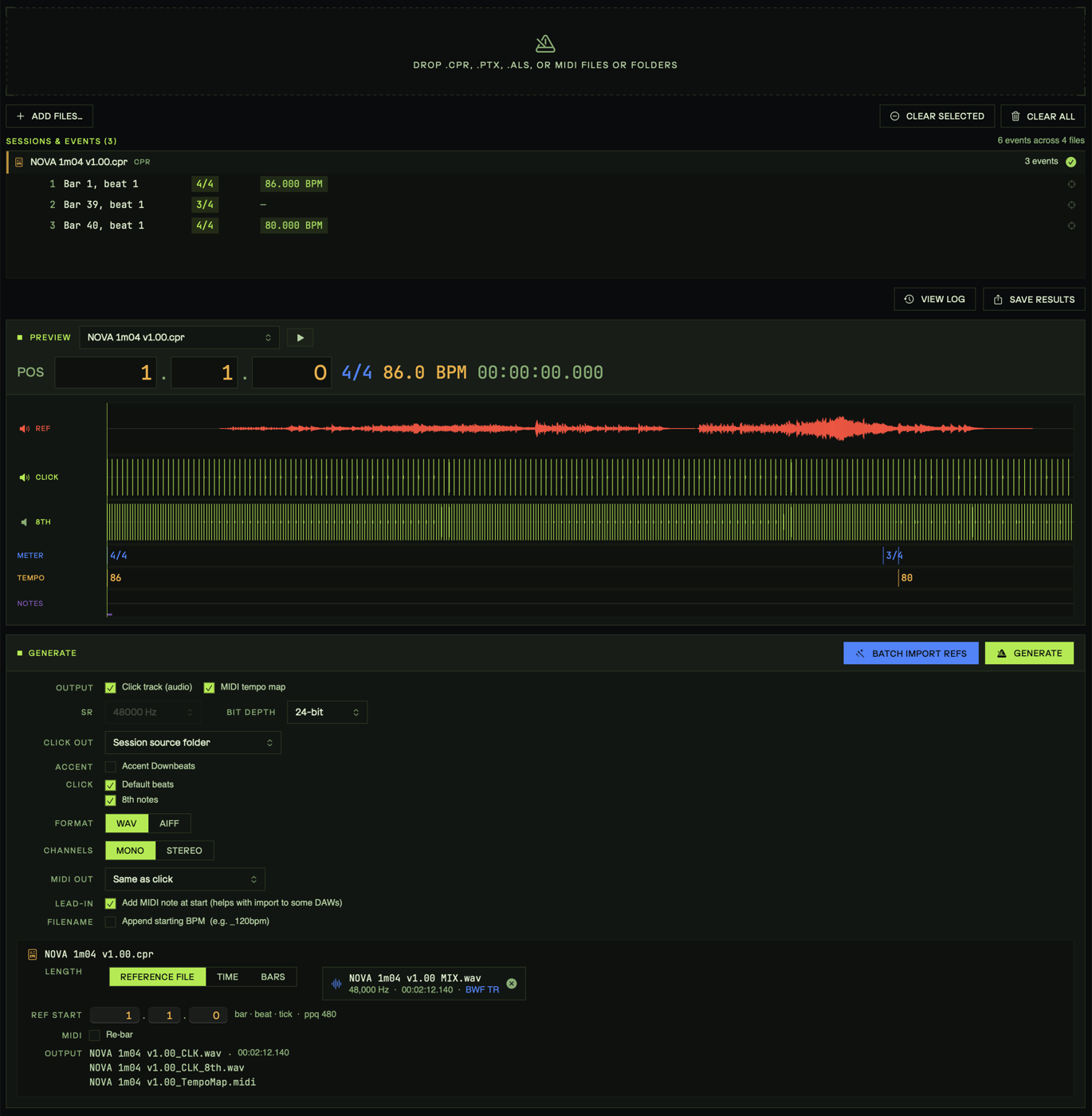 Tempo and meter events read from a Cubase session, with click-track waveform preview against the reference mix